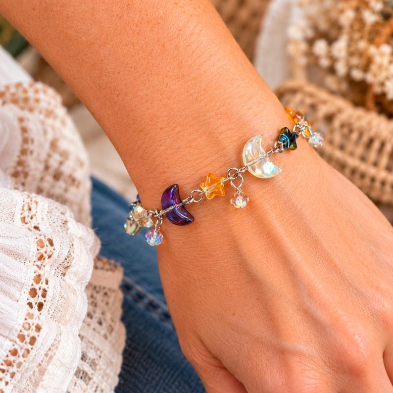 Celestial Moon Star Crystal Bead Bracelet, Silver - - LadybugfeetDesigns -