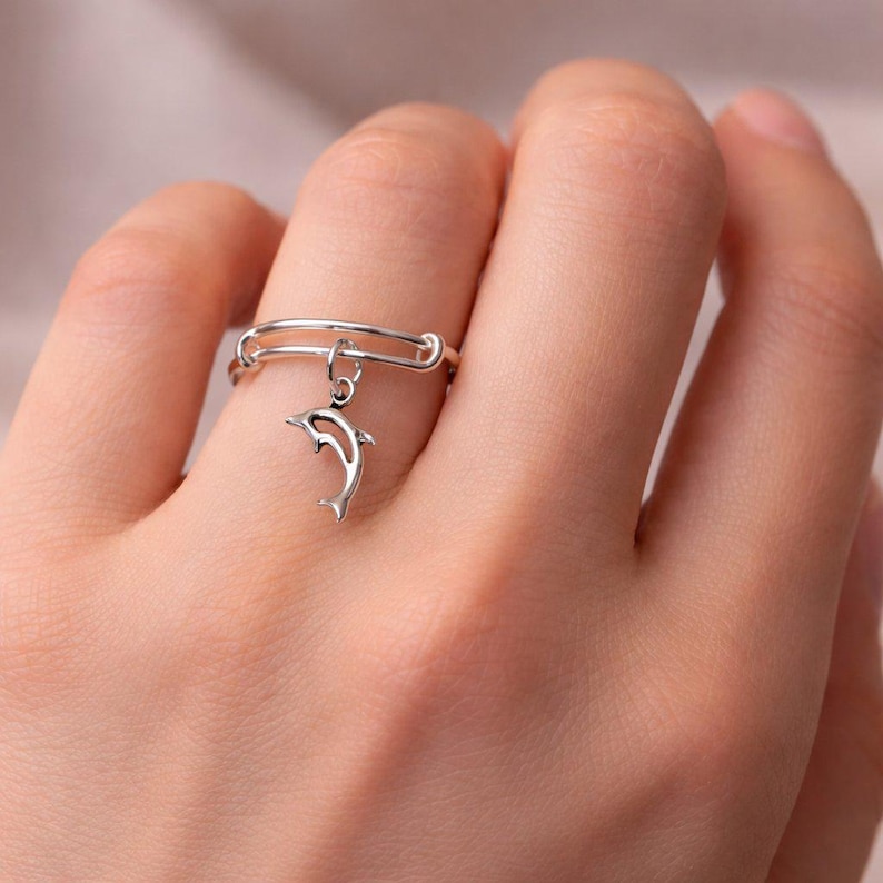 Tiny Dolphin Expandable Charm Ring,Gift for her - - LadybugfeetDesigns -