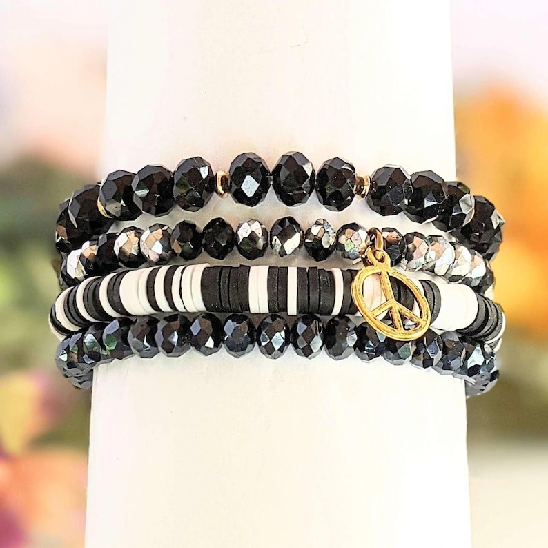 Black Crystal Peace Sign Stretch Bracelet Stack - - LadybugfeetDesigns -