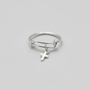 Tiny Cross Expandable Charm Ring, Silver - - LadybugfeetDesigns -