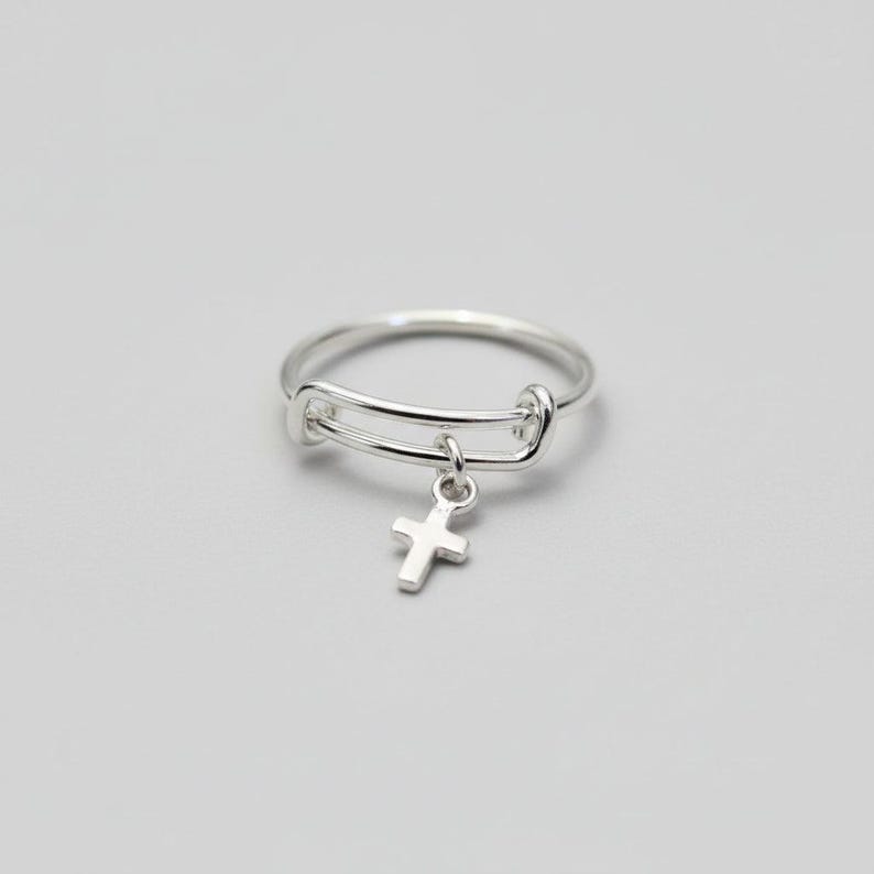 Tiny Cross Expandable Charm Ring, Silver - - LadybugfeetDesigns -