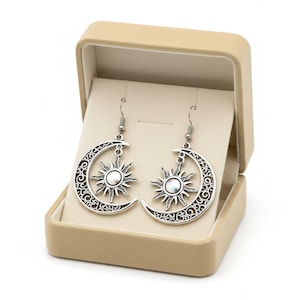 Large Filigree Crescent Moon Sun Hook Earrings, Silver - - LadybugfeetDesigns -