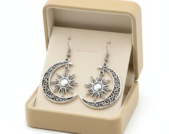 Large Filigree Crescent Moon Sun Hook Earrings, Silver