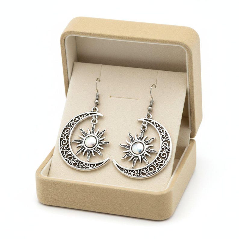 Large Filigree Crescent Moon Sun Hook Earrings, Silver - - LadybugfeetDesigns -