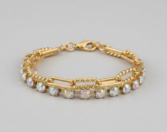 Gold Paperclip Layered Faceted Crystal Bracelet