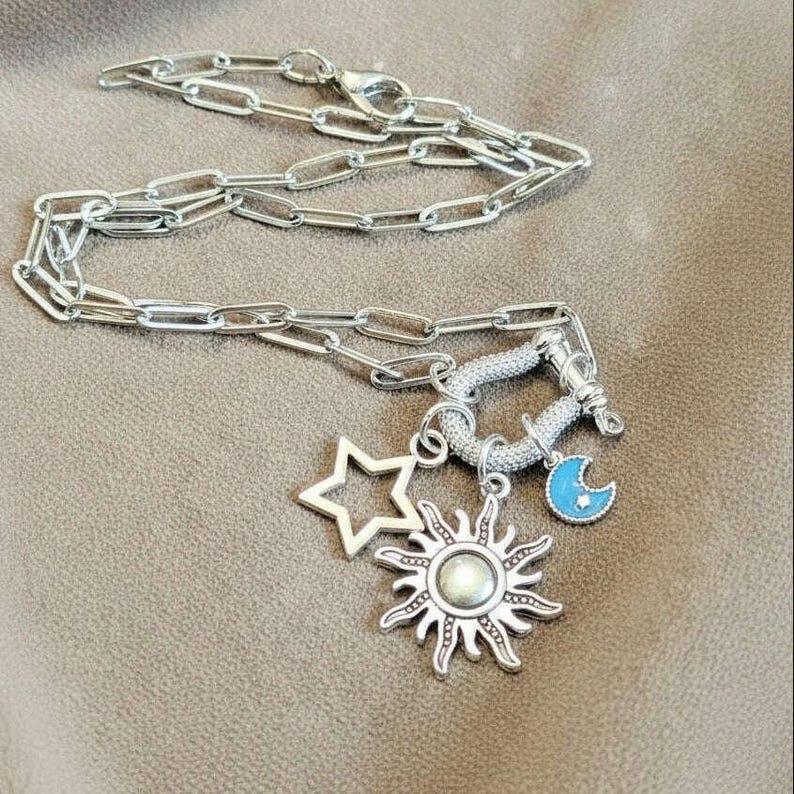 Fiery Sun, Blue Moon and Star Shackle Clasp Carabiner Necklace, Silver - Adjusts up to 20 inches - - LadybugfeetDesigns -
