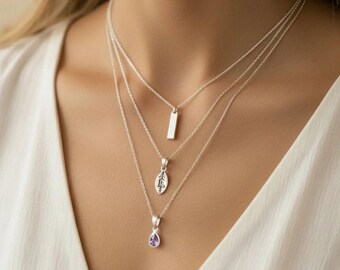 Silver Bar Amethyst Initial Leaf Layered Necklace Set, Silver