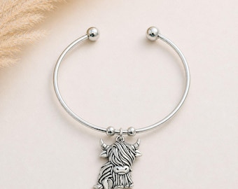 Scottish Highland Cow Euro Bangle Cuff, Silver
