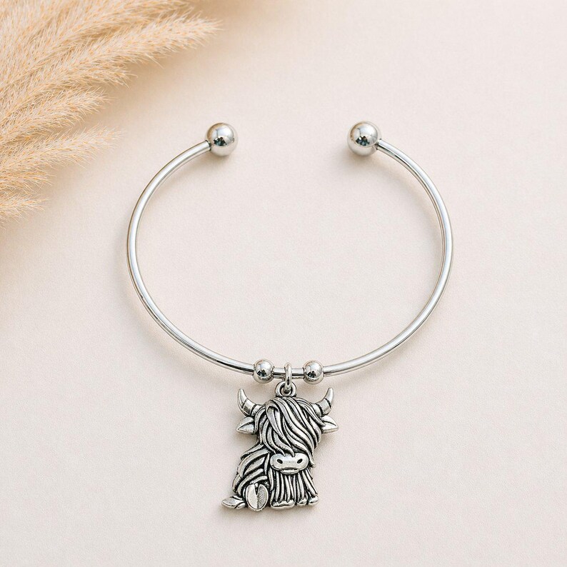 Scottish Highland Cow Euro Bangle Cuff, Silver - - LadybugfeetDesigns -