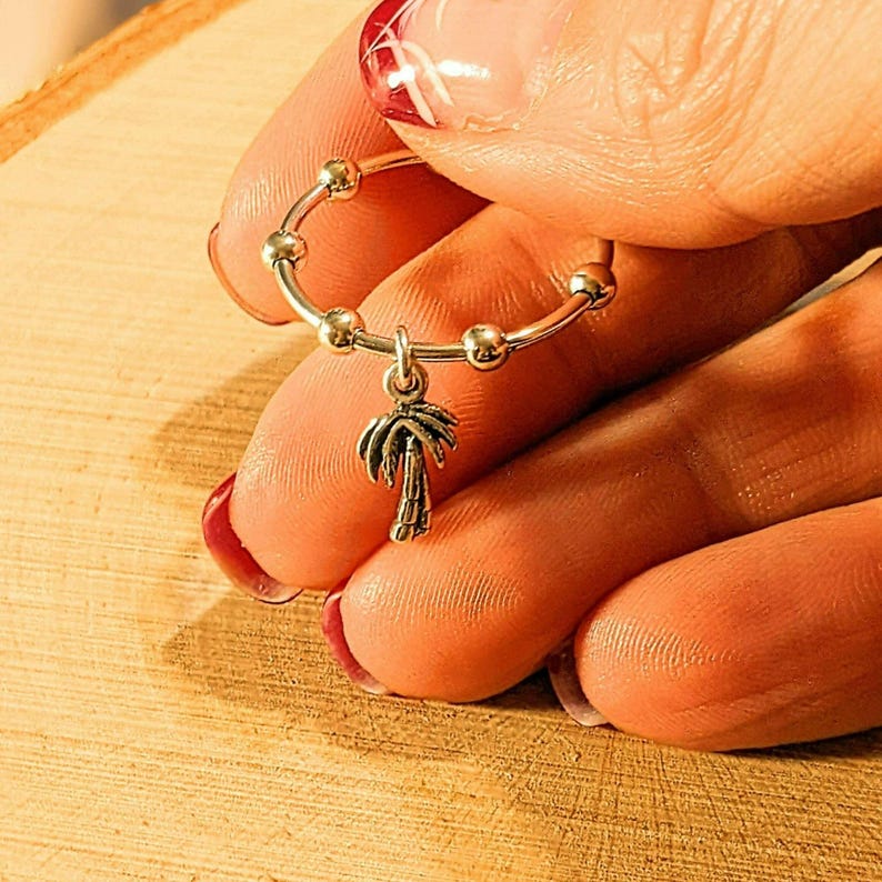 Sterling Silver Palm Tree Adjustable Charm Ring - - LadybugfeetDesigns -