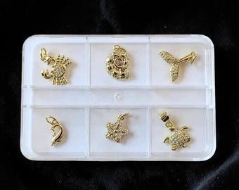 Ocean Lover CZ Mini Charm Box - 6 pc., Gold