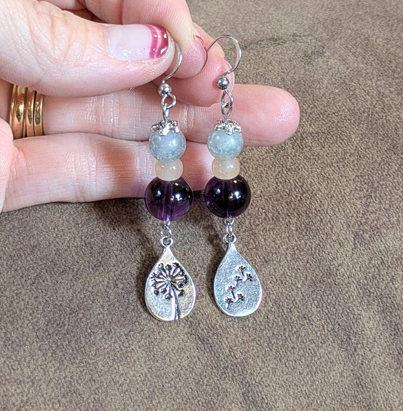 Dandelion Mismatched Beaded Hook Earrings, Silver - - LadybugfeetDesigns -
