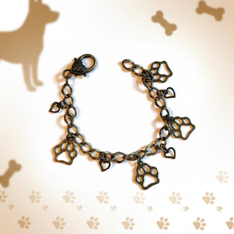 Paw Print Antique Gold Brass Charm Bracelet, Boho Charm Bracelet - - LadybugfeetDesigns -