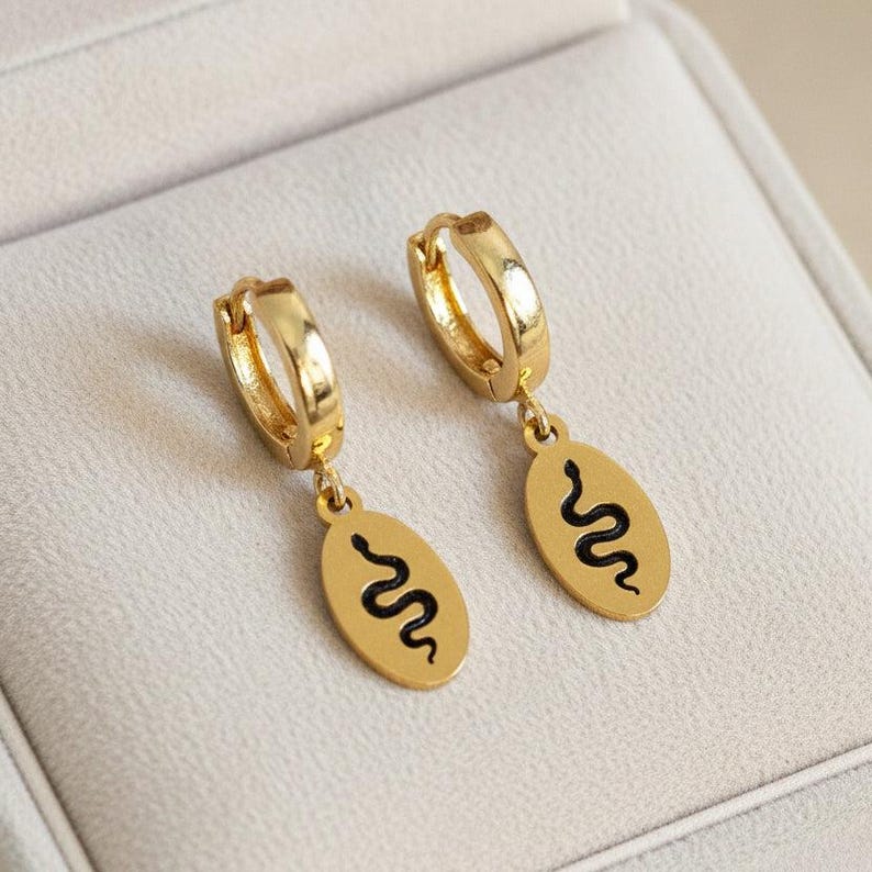 Gold Snake Hoop earrings, 16mm Hoop Drop - - LadybugfeetDesigns -
