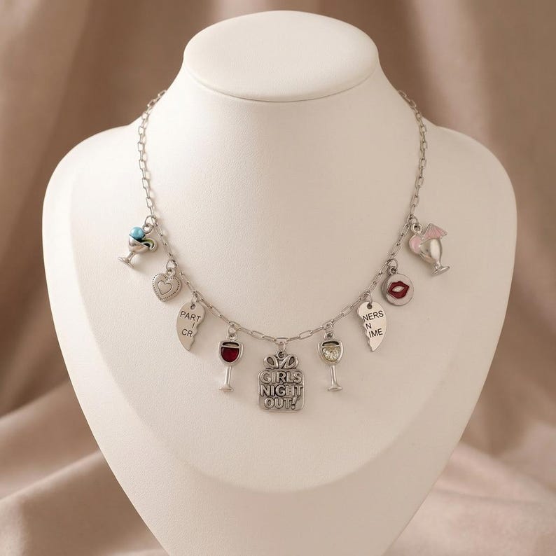 Girls Night Out Multi Charm Link Necklace, Silver - 20 inch - - LadybugfeetDesigns -