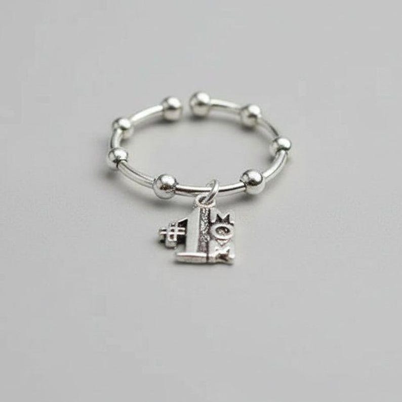 1 Mom Sterling Silver Adjustable Charm Ring - - LadybugfeetDesigns -