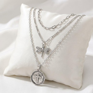 CZ Flower/Dragonfly Cross Layered Necklace Set, Silver - - LadybugfeetDesigns -