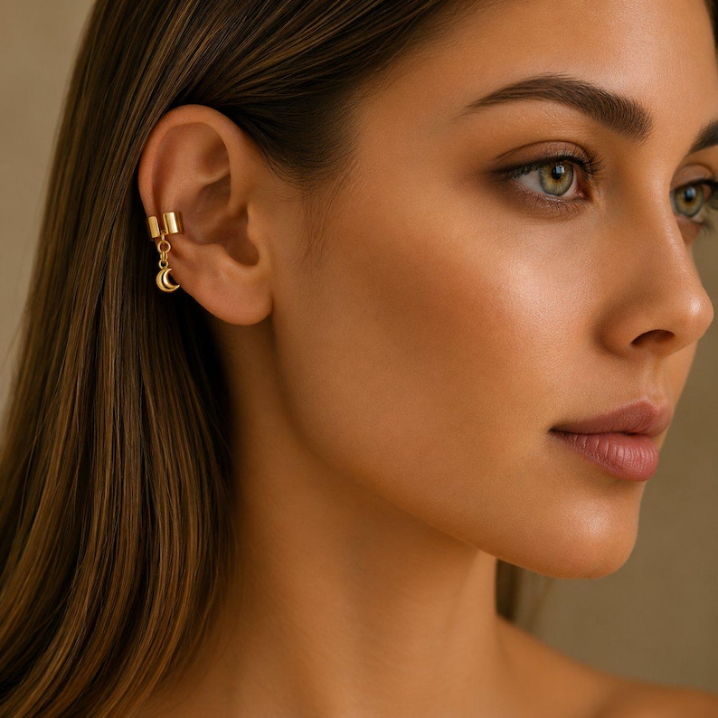 Puffy Crescent Moon Ear Cuff, Gold - - LadybugfeetDesigns -
