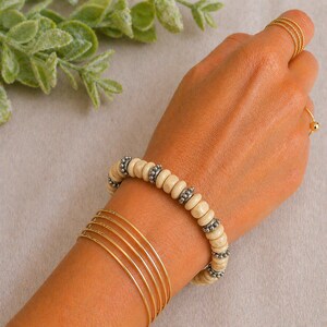 Silver Spacer & Ivory Wood Bead Stretch bracelet - Unisex - - LadybugfeetDesigns -