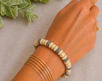 Silver Spacer & Ivory Wood Bead Stretch bracelet - Unisex
