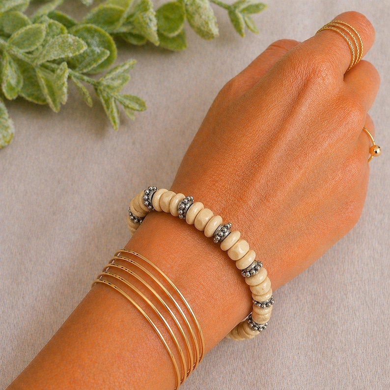 Silver Spacer & Ivory Wood Bead Stretch bracelet - Unisex - - LadybugfeetDesigns -