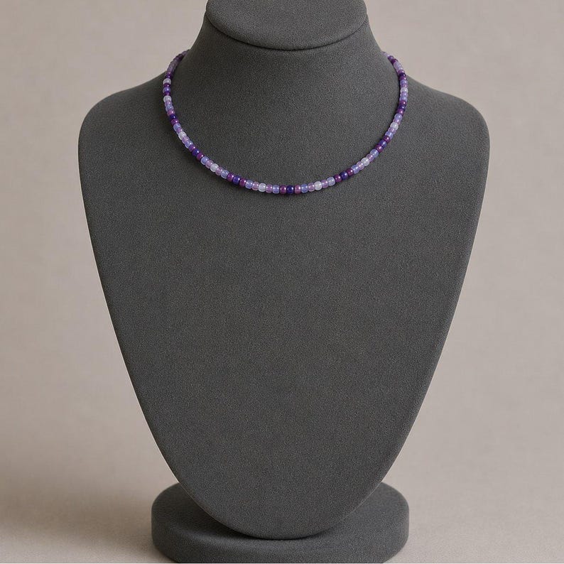 Purple Beaded Choker Necklace - 16 inch - - LadybugfeetDesigns -