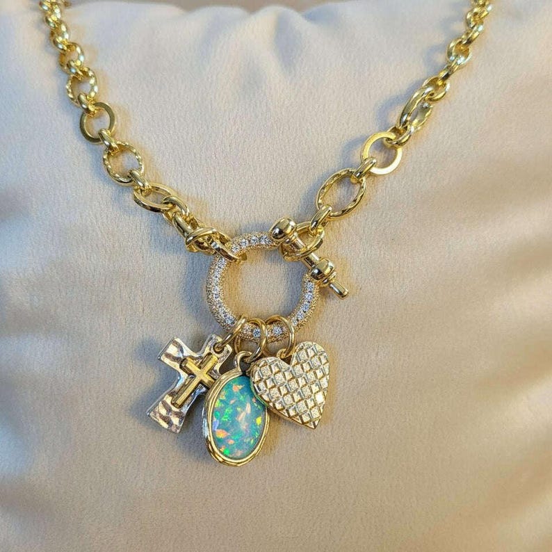 Two Tone Cross, Faux Opal and Heart Shackle Clasp Carabiner Necklace, Gold - Adjusts up to 20 inches - - LadybugfeetDesigns -