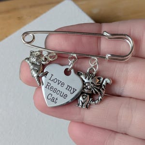 I Love My Rescue Cat Safety Pin Brooch, Purse Charm - - LadybugfeetDesigns -