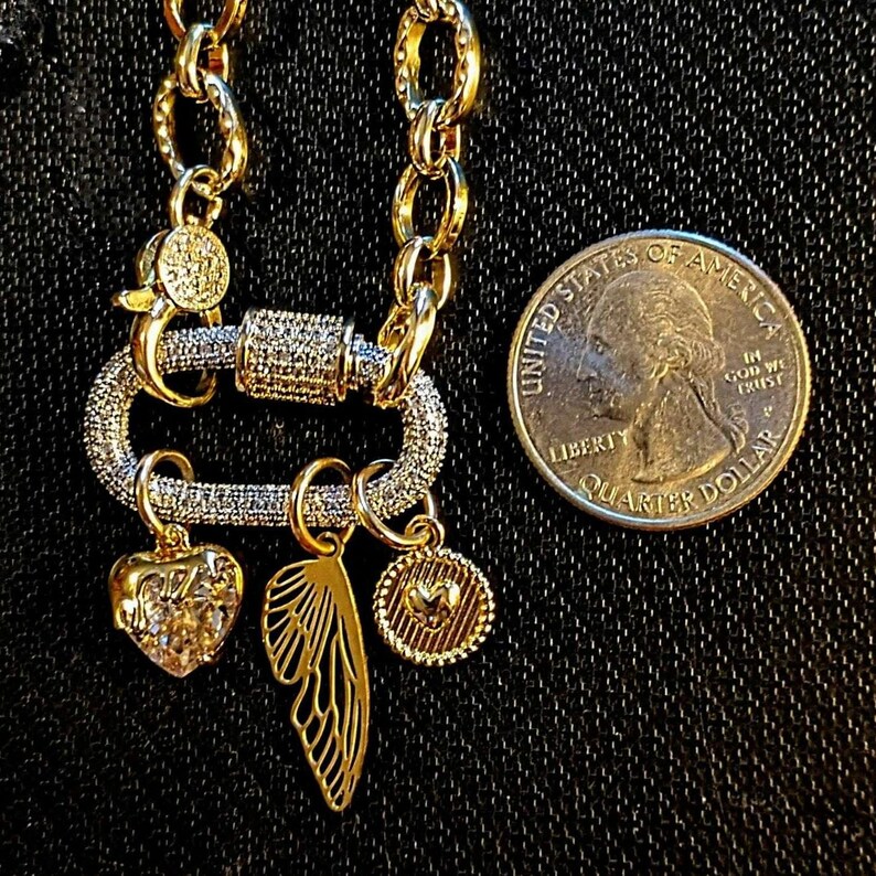 Dragonfly/Fairy Wing, Heart Carabiner Necklace, Gold - 20 inch - - LadybugfeetDesigns -