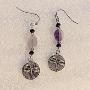 Fluorite Dragonfly Beaded Hook Earrings, Silver - - LadybugfeetDesigns -