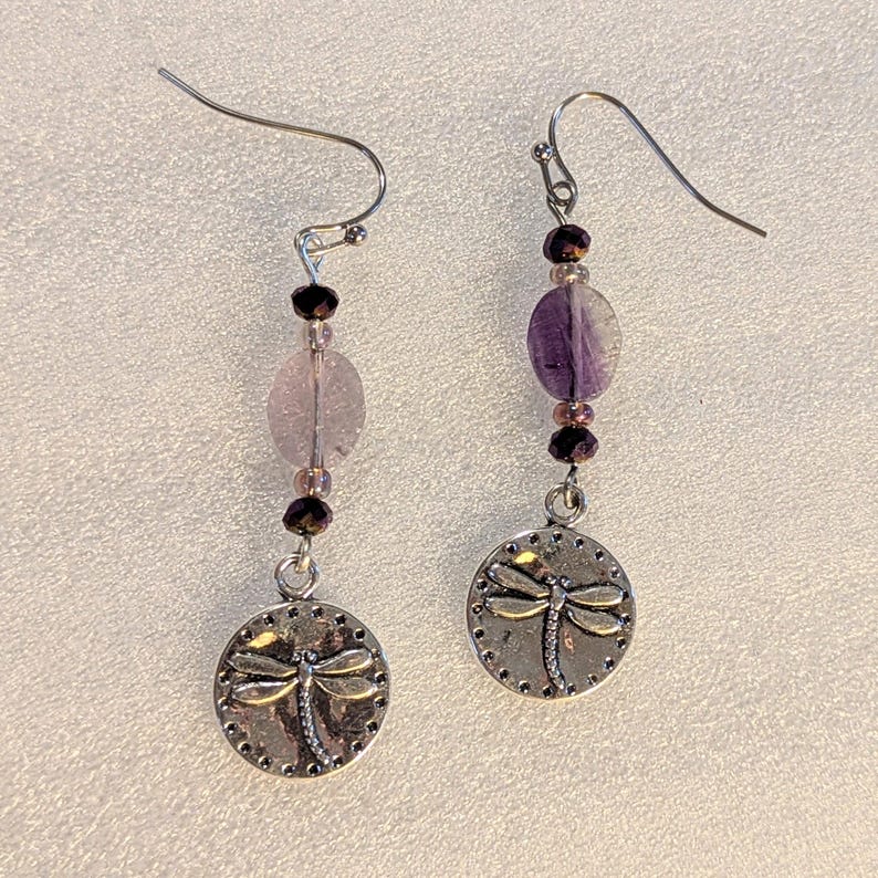 Fluorite Dragonfly Beaded Hook Earrings, Silver - - LadybugfeetDesigns -