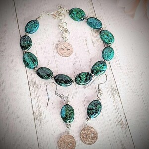 African Turquoise Jasper Owl Bracelet/Earring Set - - LadybugfeetDesigns -