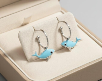 Whale Hoop Earrings, Silver - 16mm