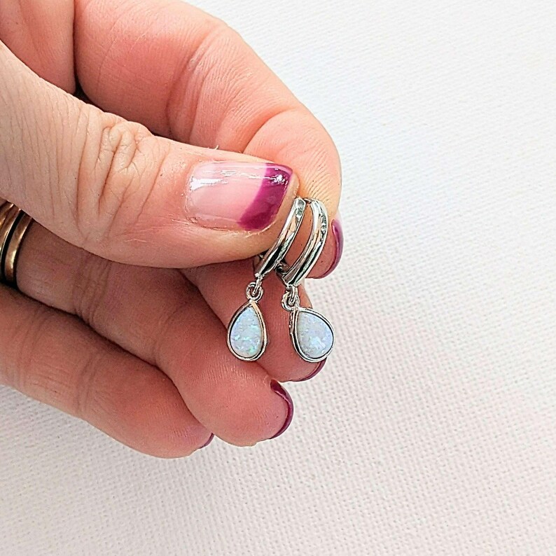 Opal Huggie Hoop earrings, 15mm Hoop Drop, Silver/Gold - - LadybugfeetDesigns -