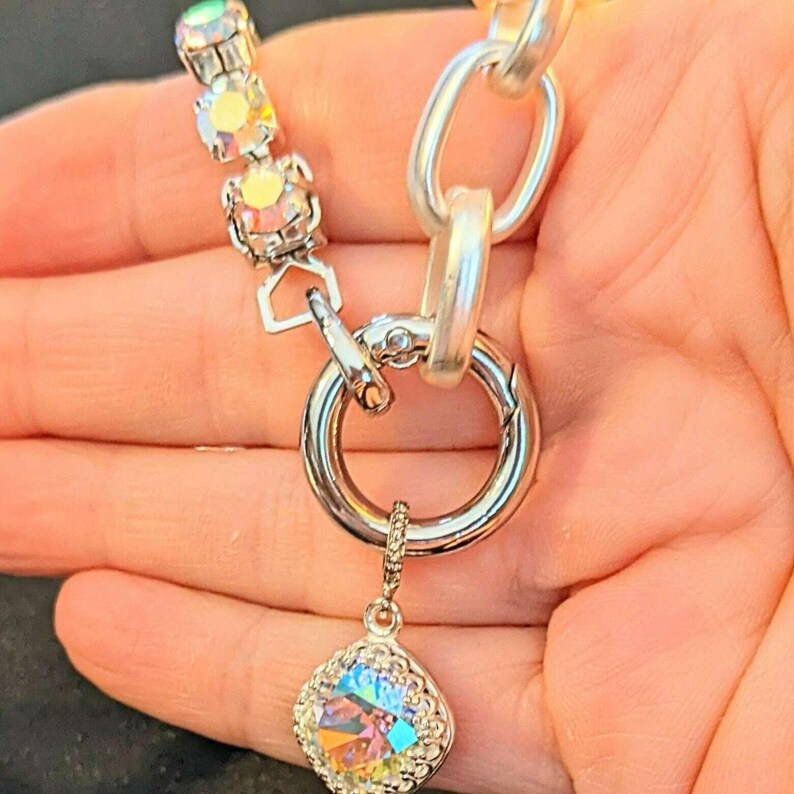 Crystal & Silver Snap Ring Necklace, Matte Silver - 22 inch - - LadybugfeetDesigns -