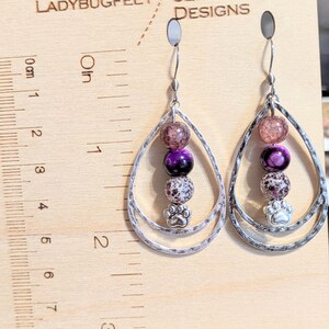 Dog/Cat Paw Purple Beaded Hammered Teardrop Hook Earrings, Silver - - LadybugfeetDesigns -
