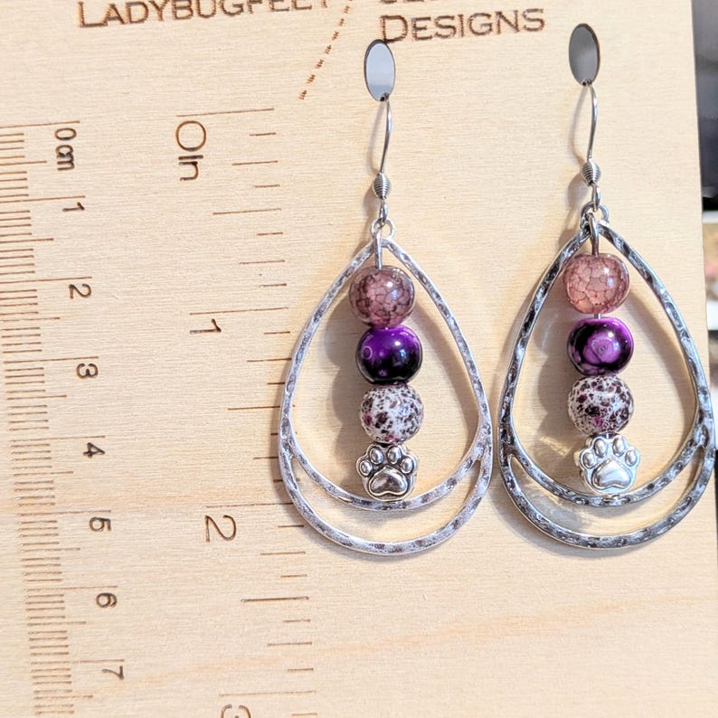 Dog/Cat Paw Purple Beaded Hammered Teardrop Hook Earrings, Silver - - LadybugfeetDesigns -
