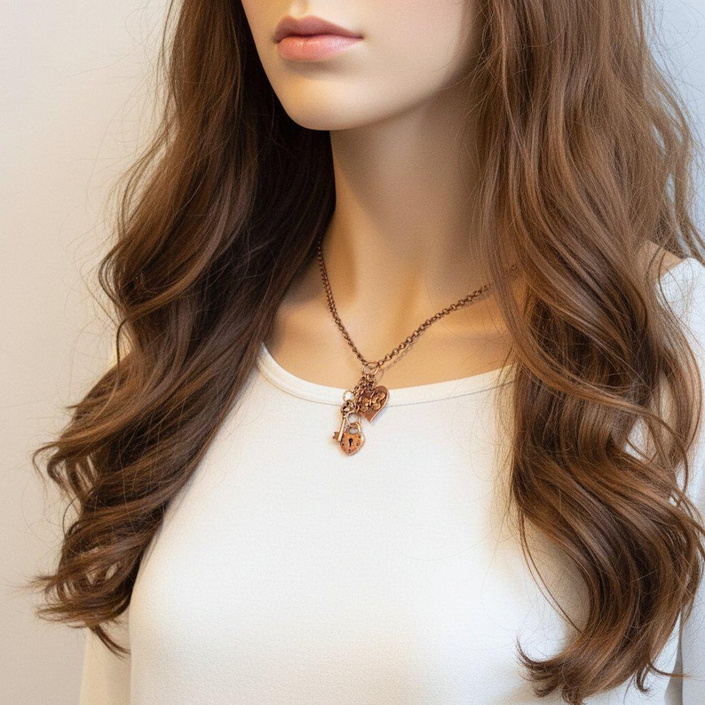 Heart Lock & Key Copper Charm Keeper Necklace, 18-24 inch - - LadybugfeetDesigns -