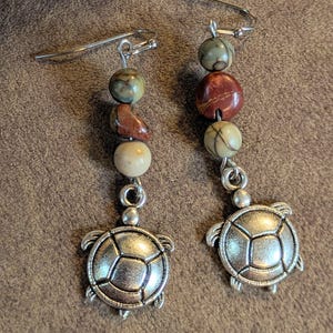 Turtle Red Creek Jasper Hook Earrings, Silver - - LadybugfeetDesigns -