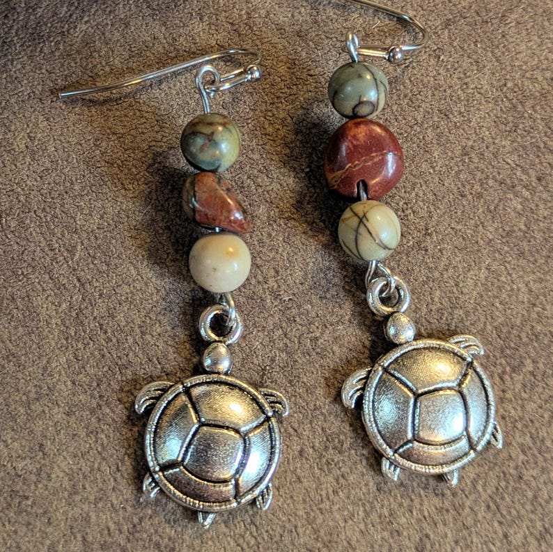 Turtle Red Creek Jasper Hook Earrings, Silver - - LadybugfeetDesigns -