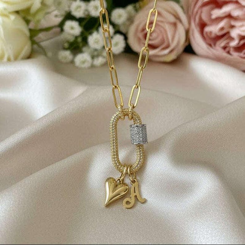 Gold Initial Heart Carabiner Necklace - 20 inch - - LadybugfeetDesigns -