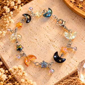 Celestial Moon Star Crystal Bead Bracelet, Silver - - LadybugfeetDesigns -