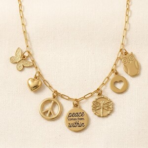 Peace Comes from Within Multi Charm Link Necklace, Gold- 20 inch - - LadybugfeetDesigns -