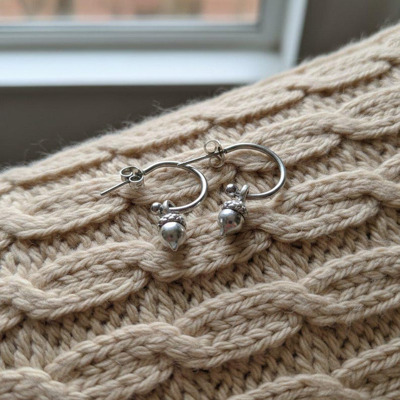 Acorn Hoop Earrings, Silver - 16mm - - LadybugfeetDesigns -