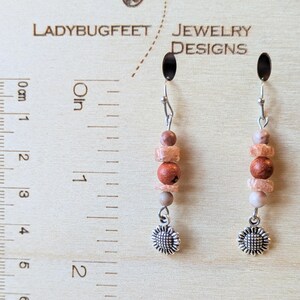 Sunflower Beaded Sunstone Hook Earrings, Silver - - LadybugfeetDesigns -