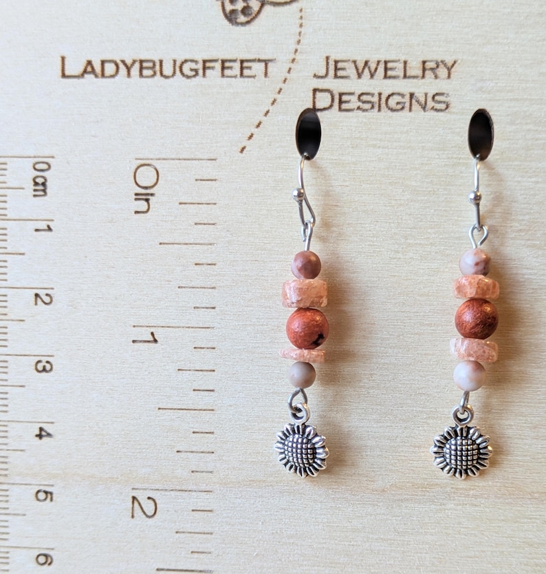 Sunflower Beaded Sunstone Hook Earrings, Silver - - LadybugfeetDesigns -