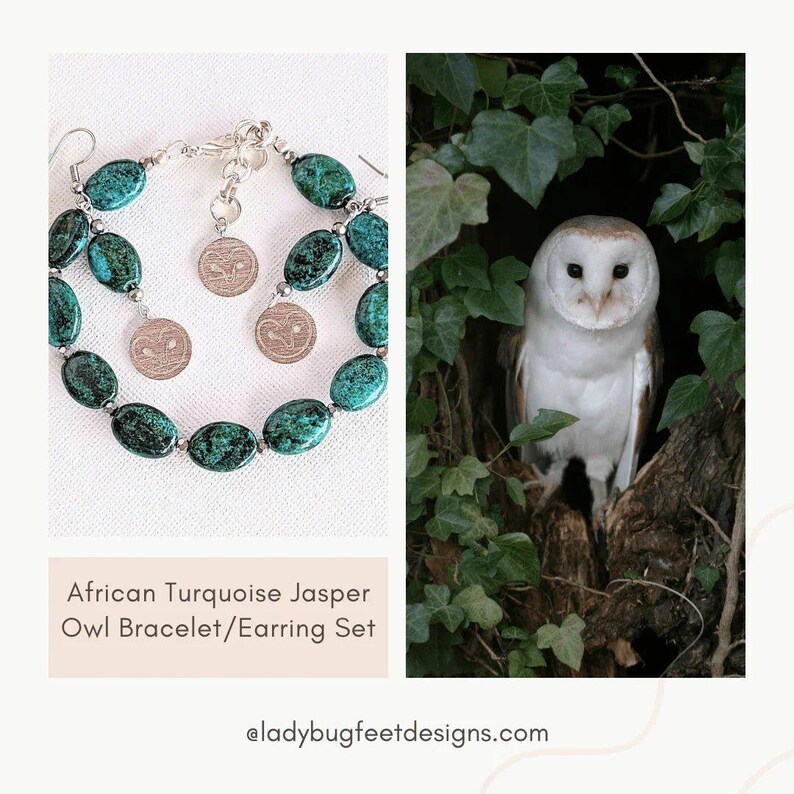 African Turquoise Jasper Owl Bracelet/Earring Set - - LadybugfeetDesigns -