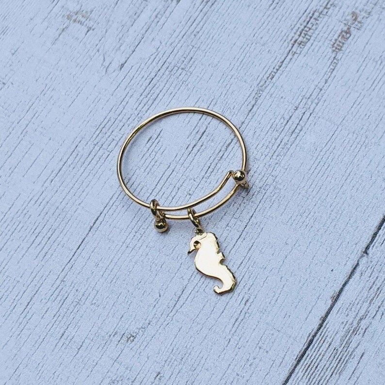 Tiny Seahorse Dangle Adjustable Charm Ring- Gold - - LadybugfeetDesigns -