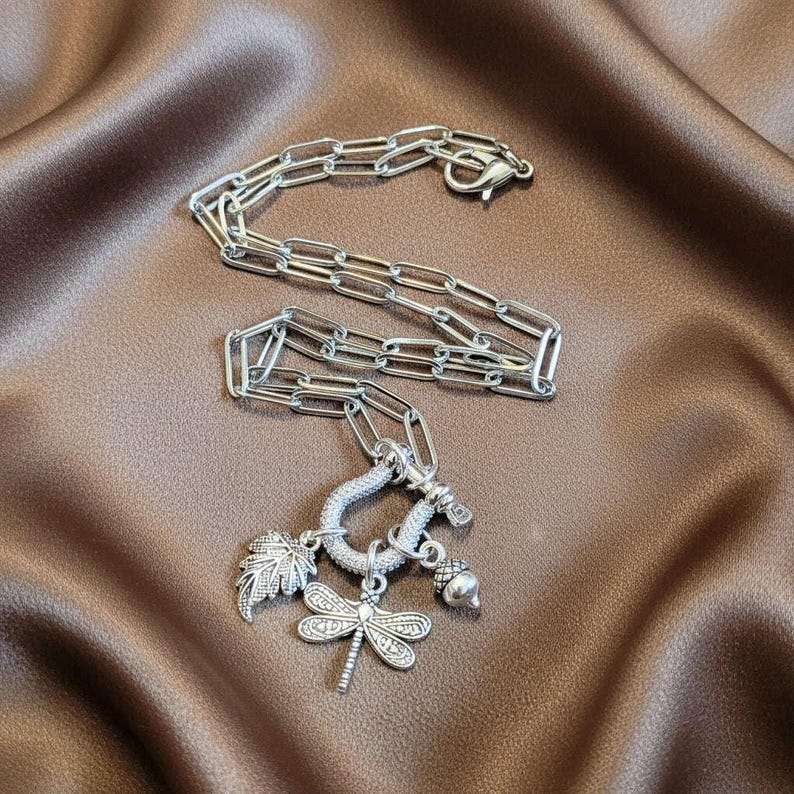 Forest Friends Dragonfly Shackle Clasp Carabiner Necklace, Silver - Adjusts up to 20 inches - - LadybugfeetDesigns -