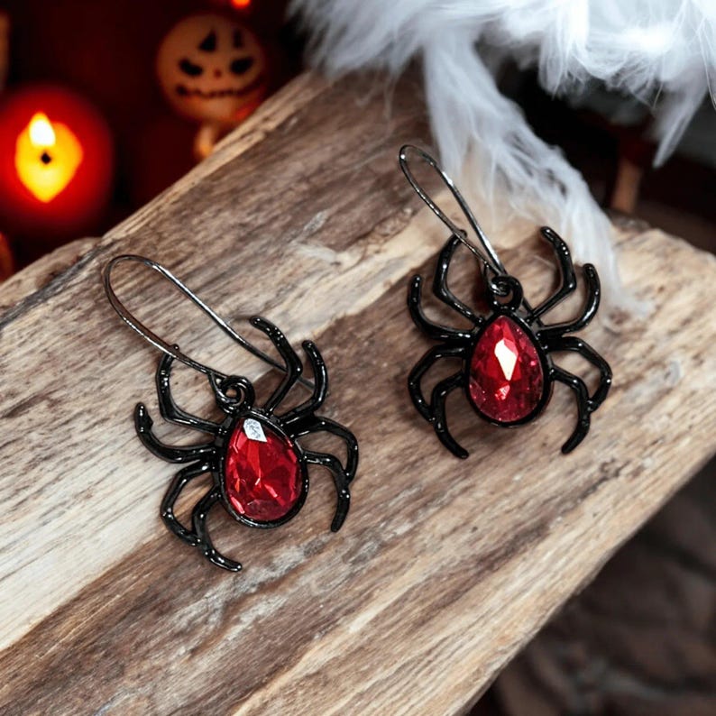 Red Crystal Spider Earrings - - LadybugfeetDesigns -